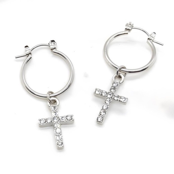 Jewelry - Silver Cross Hoops – Minimalist Rhinestone Earrings, Dainty Christian Jewelry